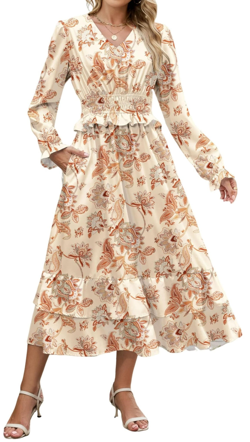 ZAFUL Womens Fall 2025 Casual Floral Maxi Dress Puff Long Sleeve V Neck Smocked Elastic Waist Flowy A line Dress Pockets - 7DAY'S