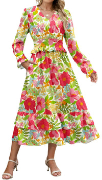 ZAFUL Womens Fall 2025 Casual Floral Maxi Dress Puff Long Sleeve V Neck Smocked Elastic Waist Flowy A line Dress Pockets - 7DAY'S