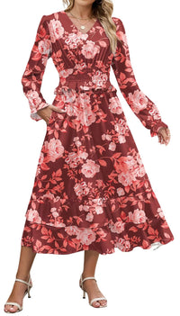 ZAFUL Womens Fall 2025 Casual Floral Maxi Dress Puff Long Sleeve V Neck Smocked Elastic Waist Flowy A line Dress Pockets - 7DAY'S