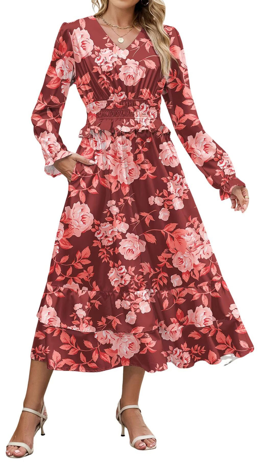 ZAFUL Womens Fall 2025 Casual Floral Maxi Dress Puff Long Sleeve V Neck Smocked Elastic Waist Flowy A line Dress Pockets - 7DAY'S