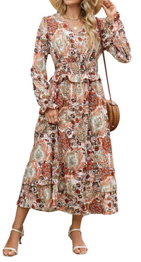 ZAFUL Womens Fall 2025 Casual Floral Maxi Dress Puff Long Sleeve V Neck Smocked Elastic Waist Flowy A line Dress Pockets - 7DAY'S
