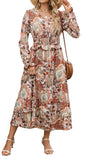 ZAFUL Womens Fall 2025 Casual Floral Maxi Dress Puff Long Sleeve V Neck Smocked Elastic Waist Flowy A line Dress Pockets - 7DAY'S