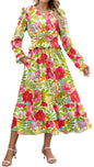 ZAFUL Womens Fall 2025 Casual Floral Maxi Dress Puff Long Sleeve V Neck Smocked Elastic Waist Flowy A line Dress Pockets - 7DAY'S