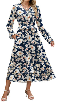 ZAFUL Womens Fall 2025 Casual Floral Maxi Dress Puff Long Sleeve V Neck Smocked Elastic Waist Flowy A line Dress Pockets - 7DAY'S