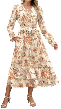ZAFUL Womens Fall 2025 Casual Floral Maxi Dress Puff Long Sleeve V Neck Smocked Elastic Waist Flowy A line Dress Pockets - 7DAY'S