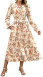 ZAFUL Womens Fall 2025 Casual Floral Maxi Dress Puff Long Sleeve V Neck Smocked Elastic Waist Flowy A line Dress Pockets - 7DAY'S