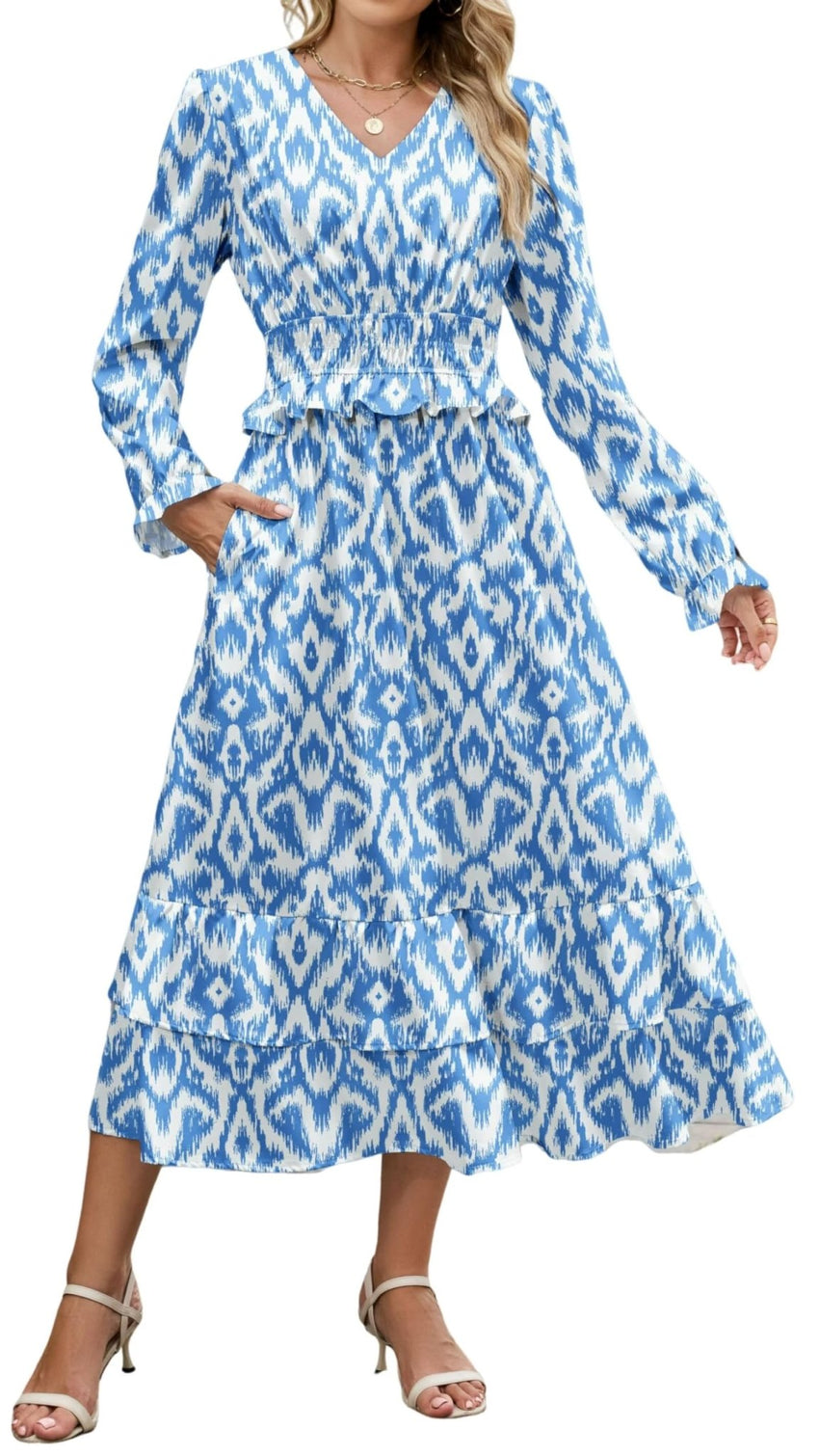 ZAFUL Womens Fall 2025 Casual Floral Maxi Dress Puff Long Sleeve V Neck Smocked Elastic Waist Flowy A line Dress Pockets - 7DAY'S