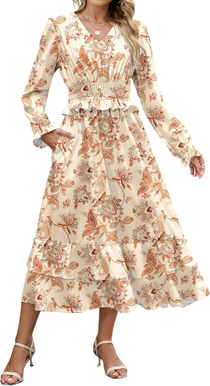 ZAFUL Womens Fall 2025 Casual Floral Maxi Dress Puff Long Sleeve V Neck Smocked Elastic Waist Flowy A line Dress Pockets - 7DAY'S
