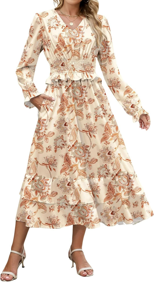 ZAFUL Womens Fall 2025 Casual Floral Maxi Dress Puff Long Sleeve V Neck Smocked Elastic Waist Flowy A line Dress Pockets - 7DAY'S