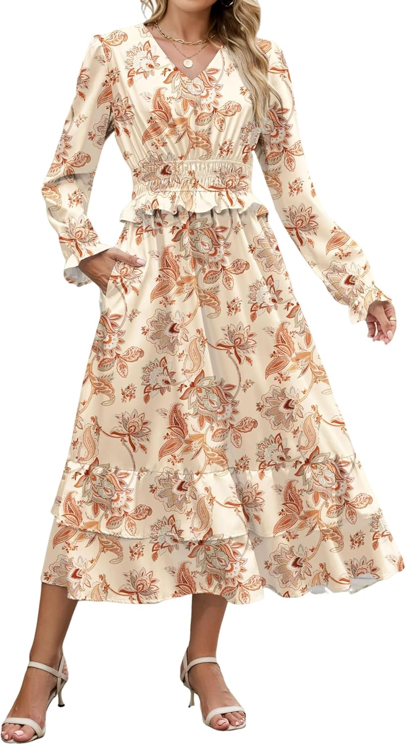 ZAFUL Womens Fall 2025 Casual Floral Maxi Dress Puff Long Sleeve V Neck Smocked Elastic Waist Flowy A line Dress Pockets - 7DAY'S