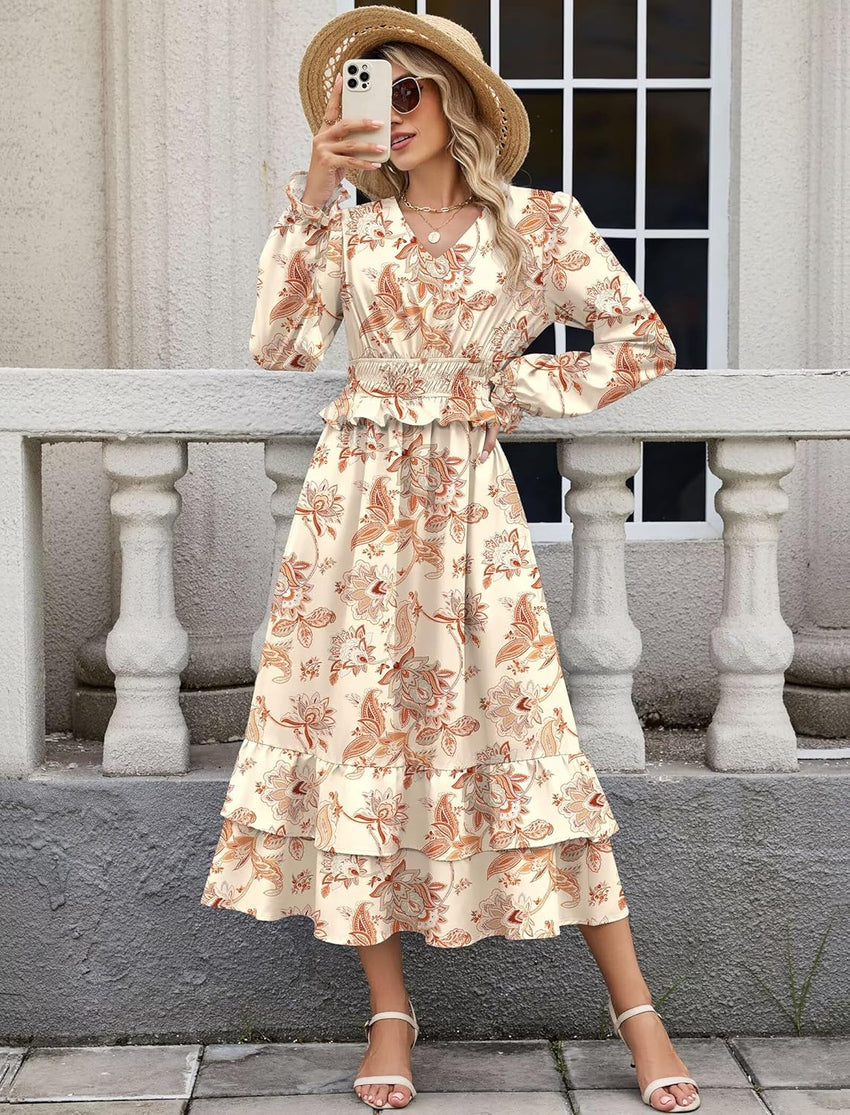 ZAFUL Womens Fall 2025 Casual Floral Maxi Dress Puff Long Sleeve V Neck Smocked Elastic Waist Flowy A line Dress Pockets - 7DAY'S