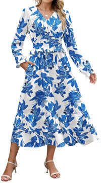 ZAFUL Womens Fall 2025 Casual Floral Maxi Dress Puff Long Sleeve V Neck Smocked Elastic Waist Flowy A line Dress Pockets - 7DAY'S