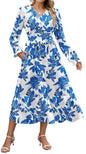 ZAFUL Womens Fall 2025 Casual Floral Maxi Dress Puff Long Sleeve V Neck Smocked Elastic Waist Flowy A line Dress Pockets - 7DAY'S