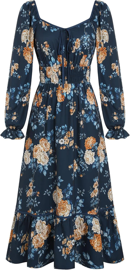ZAFUL Womens Fall Floral Midi Dress Casual Square Neck Ruffle Long Sleeve Smocked Boho Flowy A Line Long Wedding Guest Dresses Navy Blue X - Large - 7DAY'S