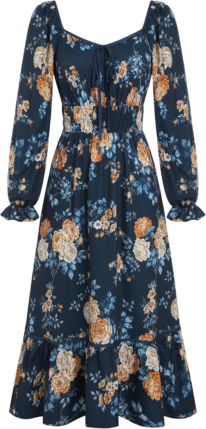 ZAFUL Womens Fall Floral Midi Dress Casual Square Neck Ruffle Long Sleeve Smocked Boho Flowy A Line Long Wedding Guest Dresses Navy Blue X - Large - 7DAY'S