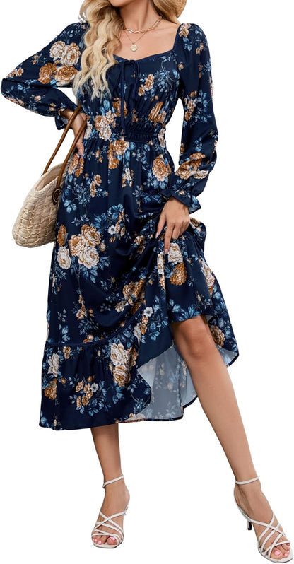 ZAFUL Womens Fall Floral Midi Dress Casual Square Neck Ruffle Long Sleeve Smocked Boho Flowy A Line Long Wedding Guest Dresses Navy Blue X - Large - 7DAY'S