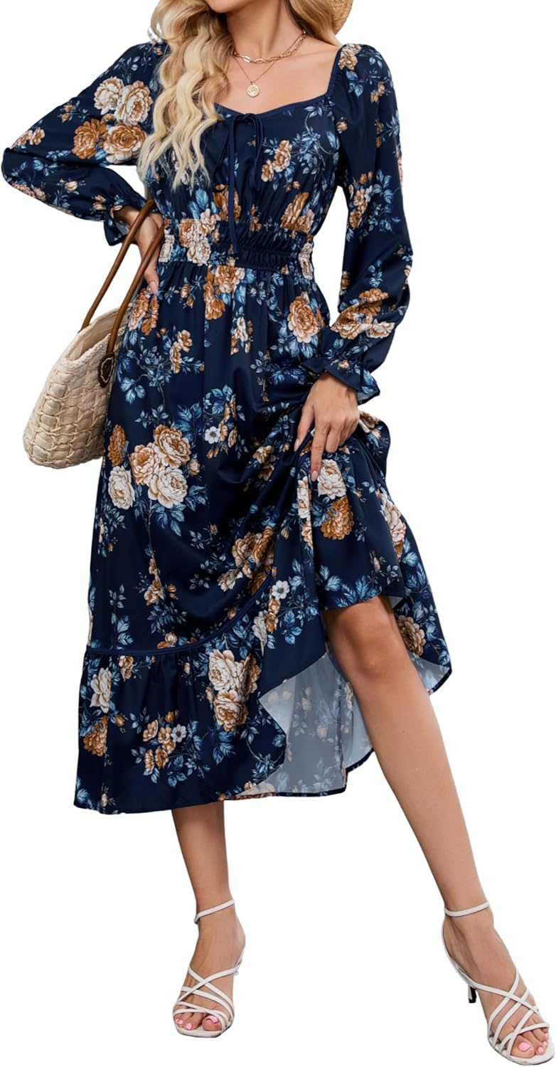 ZAFUL Womens Fall Floral Midi Dress Casual Square Neck Ruffle Long Sleeve Smocked Boho Flowy A Line Long Wedding Guest Dresses Navy Blue X - Large - 7DAY'S