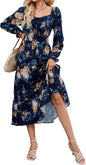 ZAFUL Womens Fall Floral Midi Dress Casual Square Neck Ruffle Long Sleeve Smocked Boho Flowy A Line Long Wedding Guest Dresses Navy Blue X - Large - 7DAY'S