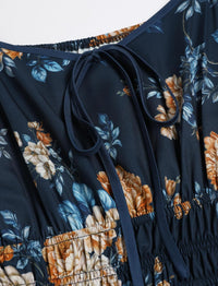 ZAFUL Womens Fall Floral Midi Dress Casual Square Neck Ruffle Long Sleeve Smocked Boho Flowy A Line Long Wedding Guest Dresses Navy Blue X - Large - 7DAY'S