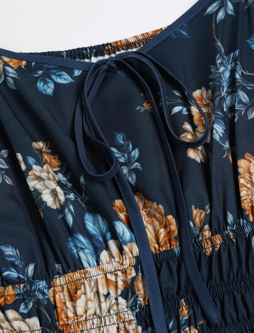 ZAFUL Womens Fall Floral Midi Dress Casual Square Neck Ruffle Long Sleeve Smocked Boho Flowy A Line Long Wedding Guest Dresses Navy Blue X - Large - 7DAY'S