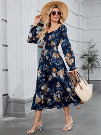 ZAFUL Womens Fall Floral Midi Dress Casual Square Neck Ruffle Long Sleeve Smocked Boho Flowy A Line Long Wedding Guest Dresses Navy Blue X - Large - 7DAY'S