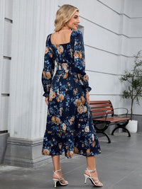 ZAFUL Womens Fall Floral Midi Dress Casual Square Neck Ruffle Long Sleeve Smocked Boho Flowy A Line Long Wedding Guest Dresses Navy Blue X - Large - 7DAY'S