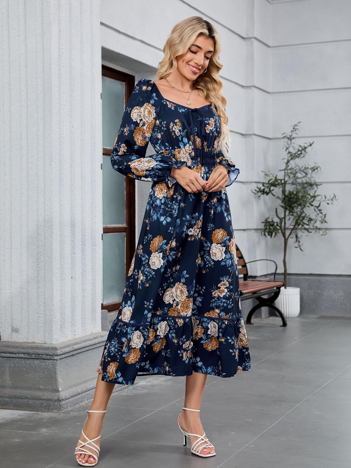 ZAFUL Womens Fall Floral Midi Dress Casual Square Neck Ruffle Long Sleeve Smocked Boho Flowy A Line Long Wedding Guest Dresses Navy Blue X - Large - 7DAY'S