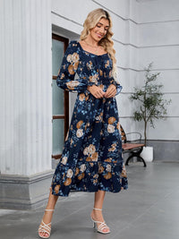 ZAFUL Womens Fall Floral Midi Dress Casual Square Neck Ruffle Long Sleeve Smocked Boho Flowy A Line Long Wedding Guest Dresses Navy Blue X - Large - 7DAY'S