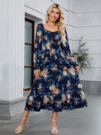 ZAFUL Womens Fall Floral Midi Dress Casual Square Neck Ruffle Long Sleeve Smocked Boho Flowy A Line Long Wedding Guest Dresses Navy Blue X - Large - 7DAY'S