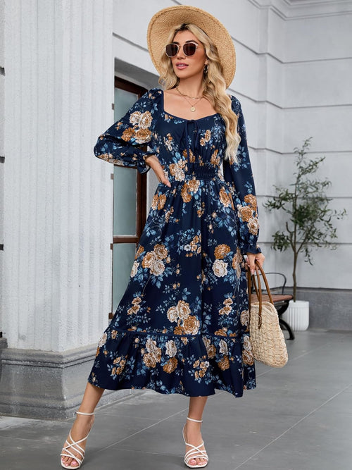ZAFUL Womens Fall Floral Midi Dress Casual Square Neck Ruffle Long Sleeve Smocked Boho Flowy A Line Long Wedding Guest Dresses Navy Blue X - Large - 7DAY'S