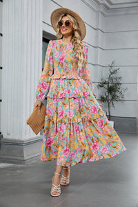 ZAFUL Womens Fall Floral Smocked Maxi Dress Long Puff Sleeve Bohemian Dresses Flowy Tiered Ruffle Wedding Guest Dress - 7DAY'S