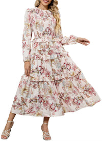 ZAFUL Womens Fall Floral Smocked Maxi Dress Long Puff Sleeve Bohemian Dresses Flowy Tiered Ruffle Wedding Guest Dress - 7DAY'S