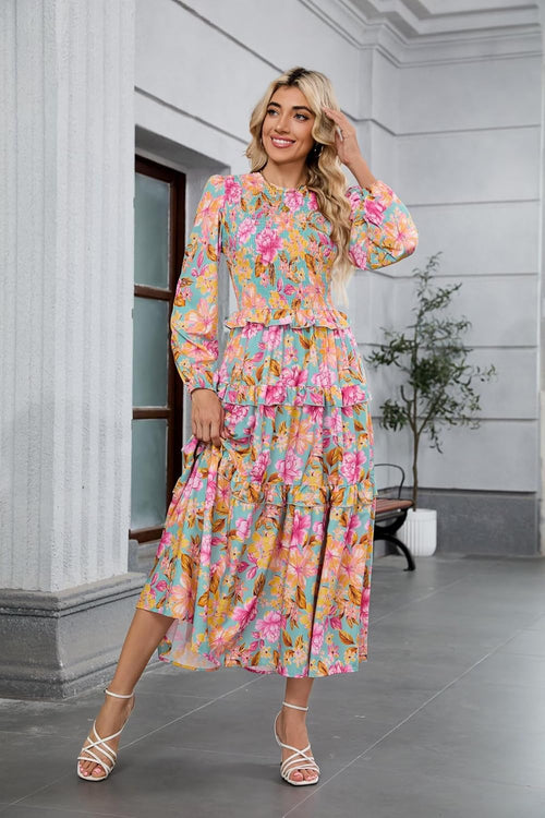 ZAFUL Womens Fall Floral Smocked Maxi Dress Long Puff Sleeve Bohemian Dresses Flowy Tiered Ruffle Wedding Guest Dress - 7DAY'S