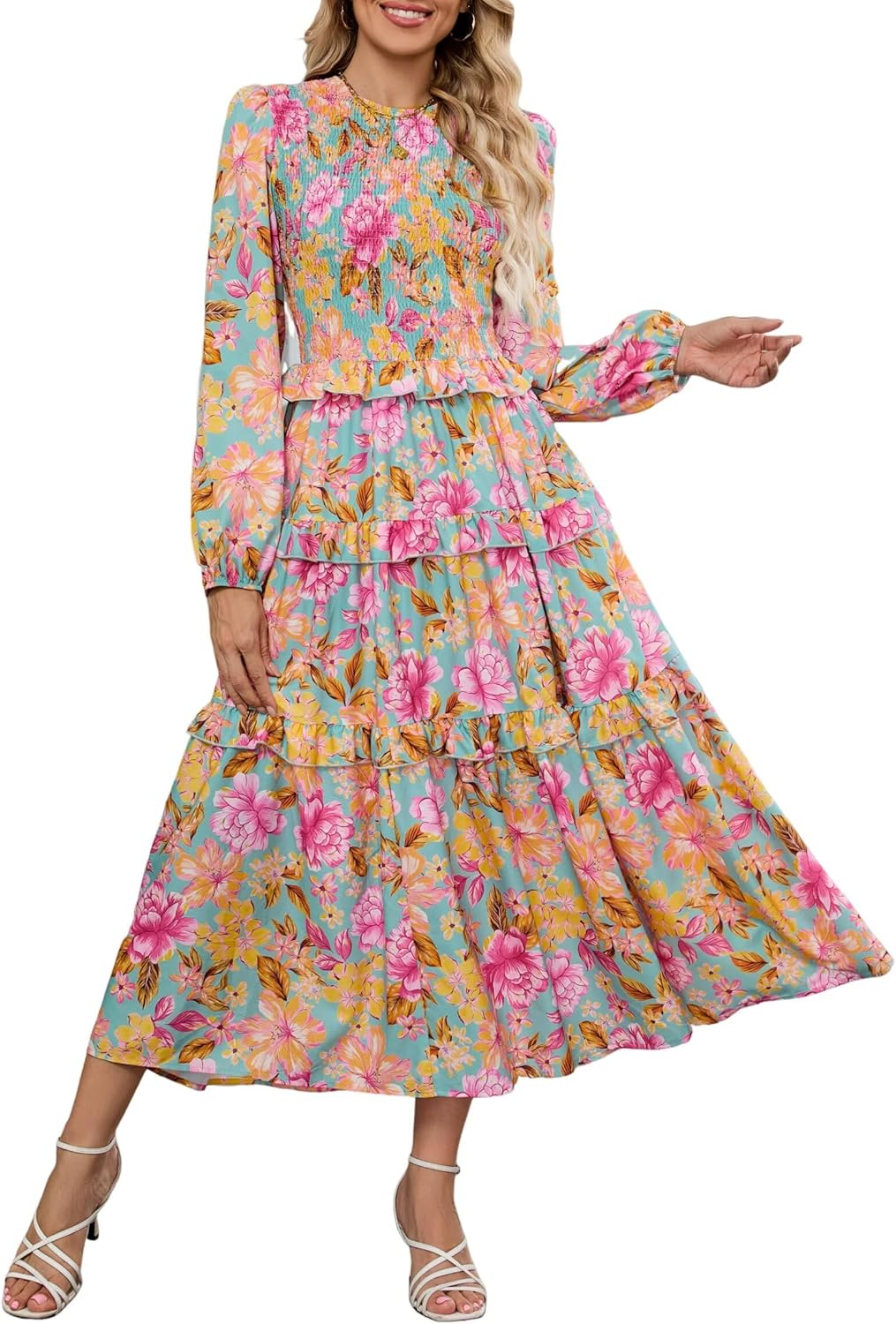 ZAFUL Womens Fall Floral Smocked Maxi Dress Long Puff Sleeve Bohemian Dresses Flowy Tiered Ruffle Wedding Guest Dress - 7DAY'S