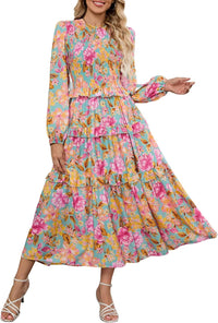 ZAFUL Womens Fall Floral Smocked Maxi Dress Long Puff Sleeve Bohemian Dresses Flowy Tiered Ruffle Wedding Guest Dress - 7DAY'S