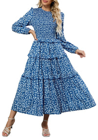 ZAFUL Womens Fall Floral Smocked Maxi Dress Long Puff Sleeve Bohemian Dresses Flowy Tiered Ruffle Wedding Guest Dress - 7DAY'S