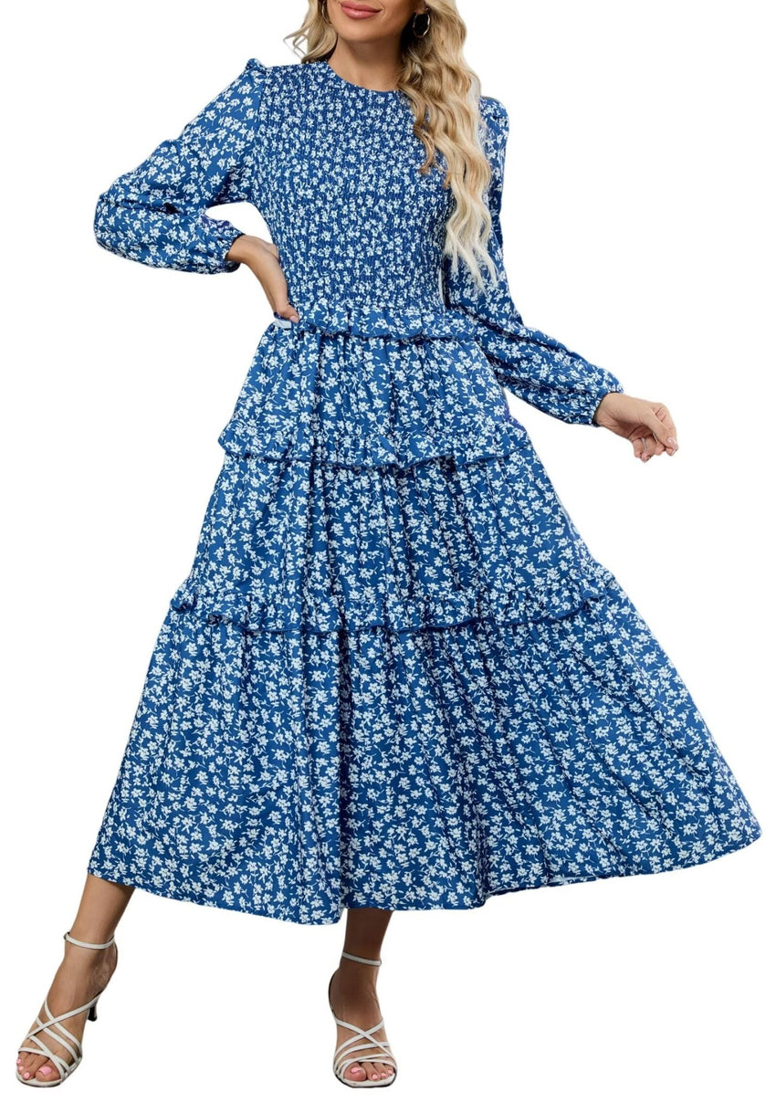 ZAFUL Womens Fall Floral Smocked Maxi Dress Long Puff Sleeve Bohemian Dresses Flowy Tiered Ruffle Wedding Guest Dress - 7DAY'S