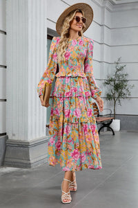 ZAFUL Womens Fall Floral Smocked Maxi Dress Long Puff Sleeve Bohemian Dresses Flowy Tiered Ruffle Wedding Guest Dress - 7DAY'S
