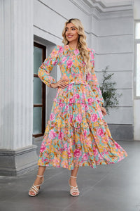 ZAFUL Womens Fall Floral Smocked Maxi Dress Long Puff Sleeve Bohemian Dresses Flowy Tiered Ruffle Wedding Guest Dress - 7DAY'S