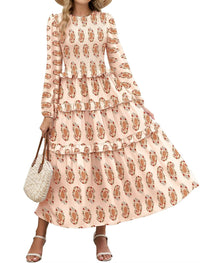 ZAFUL Womens Fall Floral Smocked Maxi Dress Long Puff Sleeve Bohemian Dresses Flowy Tiered Ruffle Wedding Guest Dress - 7DAY'S
