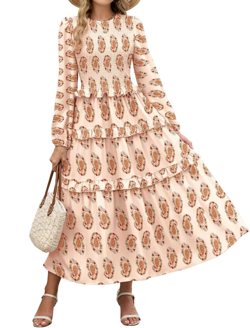 ZAFUL Womens Fall Floral Smocked Maxi Dress Long Puff Sleeve Bohemian Dresses Flowy Tiered Ruffle Wedding Guest Dress - 7DAY'S