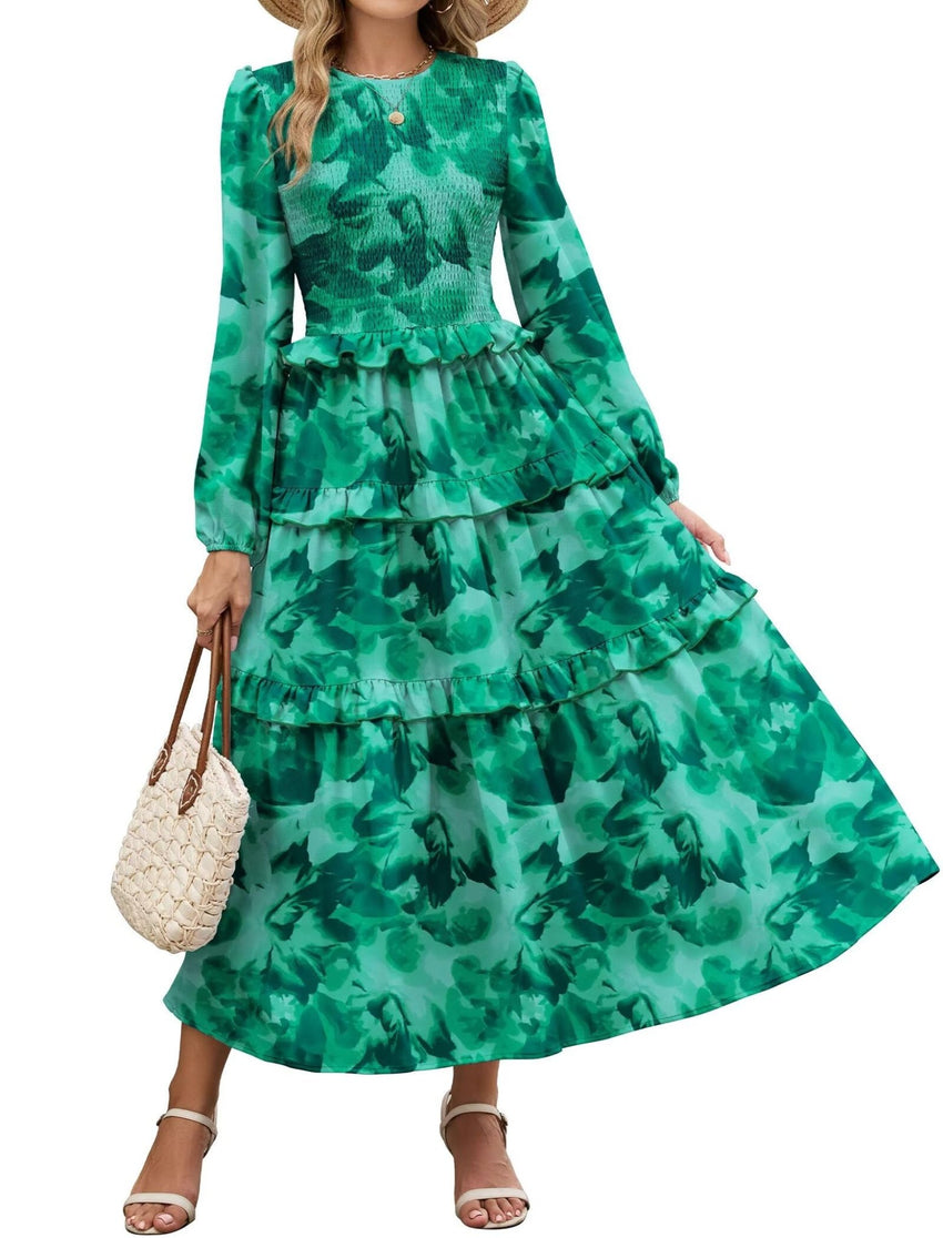 ZAFUL Womens Fall Floral Smocked Maxi Dress Long Puff Sleeve Bohemian Dresses Flowy Tiered Ruffle Wedding Guest Dress - 7DAY'S