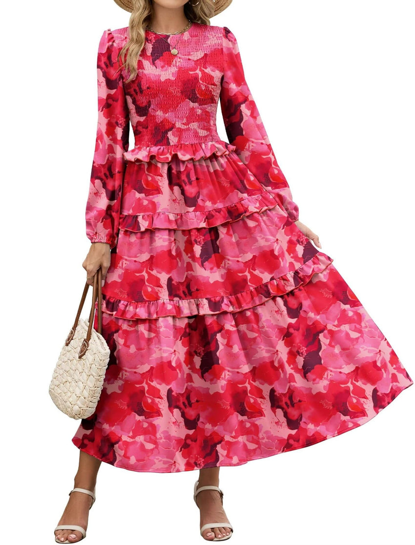 ZAFUL Womens Fall Floral Smocked Maxi Dress Long Puff Sleeve Bohemian Dresses Flowy Tiered Ruffle Wedding Guest Dress - 7DAY'S