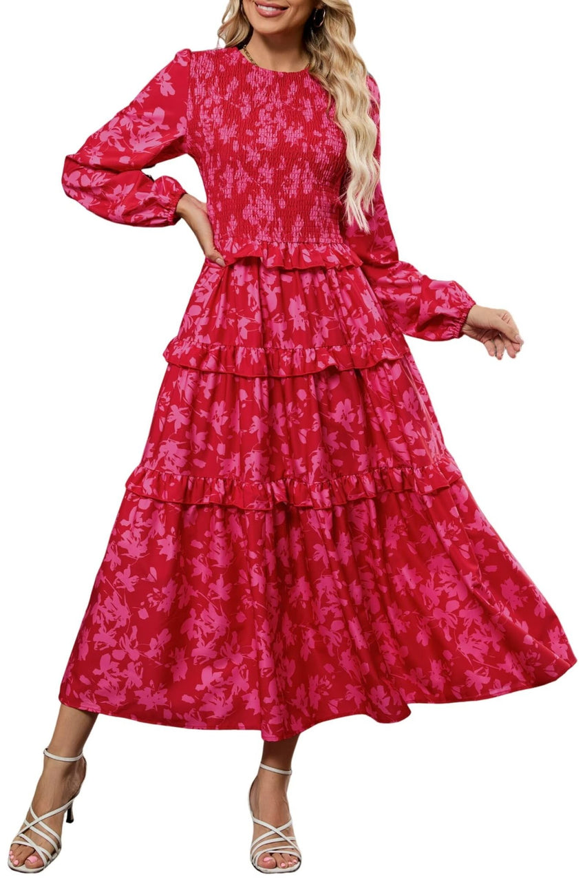ZAFUL Womens Fall Floral Smocked Maxi Dress Long Puff Sleeve Bohemian Dresses Flowy Tiered Ruffle Wedding Guest Dress - 7DAY'S