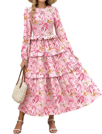 ZAFUL Womens Fall Floral Smocked Maxi Dress Long Puff Sleeve Bohemian Dresses Flowy Tiered Ruffle Wedding Guest Dress - 7DAY'S