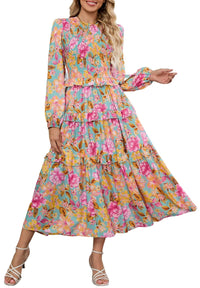 ZAFUL Womens Fall Floral Smocked Maxi Dress Long Puff Sleeve Bohemian Dresses Flowy Tiered Ruffle Wedding Guest Dress - 7DAY'S