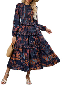 ZAFUL Womens Fall Floral Smocked Maxi Dress Long Puff Sleeve Bohemian Dresses Flowy Tiered Ruffle Wedding Guest Dress - 7DAY'S