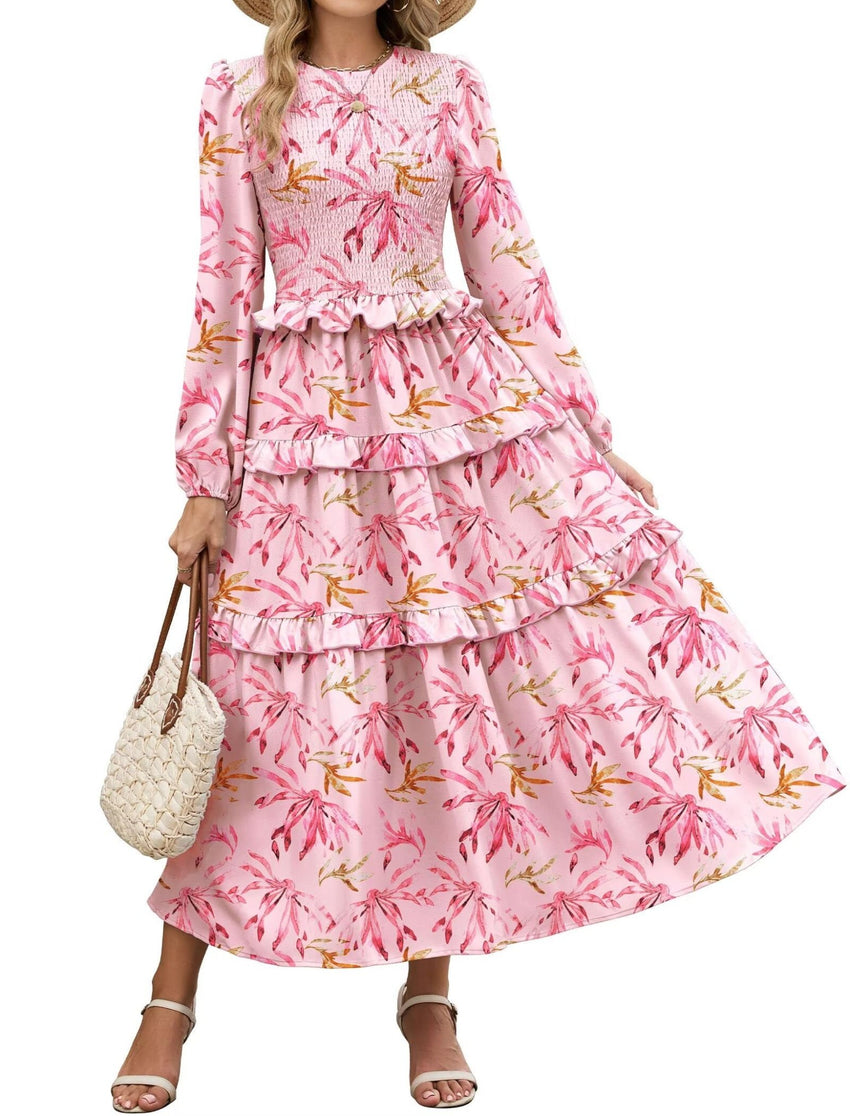 ZAFUL Womens Fall Floral Smocked Maxi Dress Long Puff Sleeve Bohemian Dresses Flowy Tiered Ruffle Wedding Guest Dress - 7DAY'S