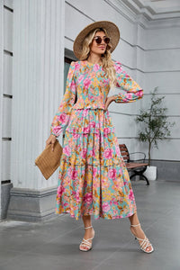 ZAFUL Womens Fall Floral Smocked Maxi Dress Long Puff Sleeve Bohemian Dresses Flowy Tiered Ruffle Wedding Guest Dress - 7DAY'S