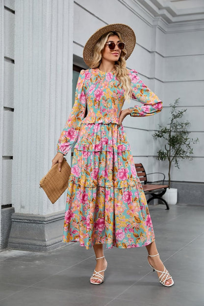 ZAFUL Womens Fall Floral Smocked Maxi Dress Long Puff Sleeve Bohemian Dresses Flowy Tiered Ruffle Wedding Guest Dress - 7DAY'S